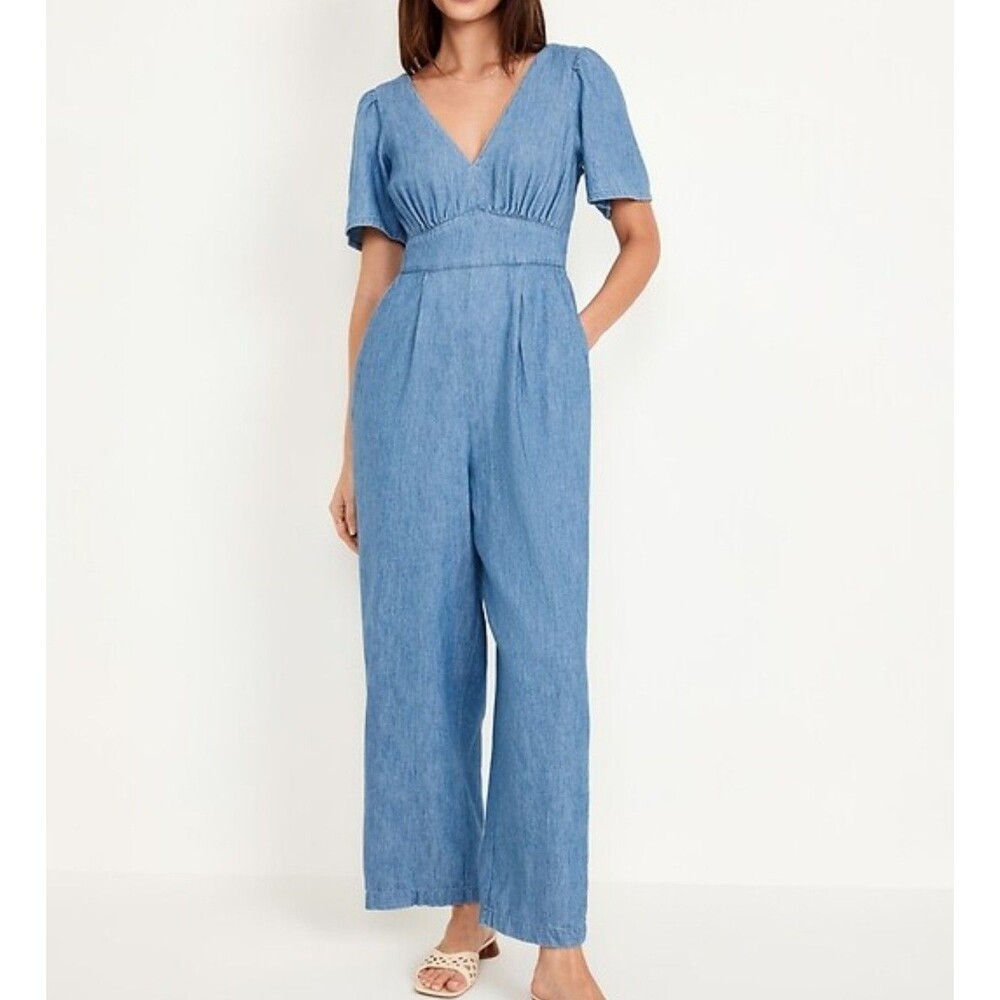 Women's Old Navy Waist Defined Puff Sleeve Jumpsuit Cotton Medium Denim Wash S